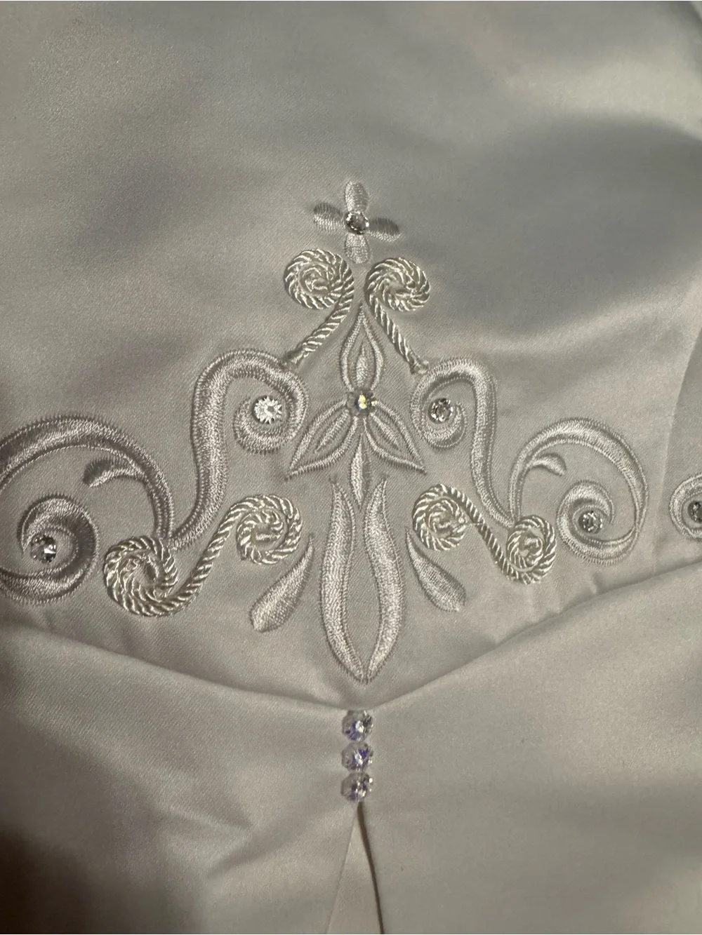 David's Bridal White Satin Flower Girl Dress with Appliqué